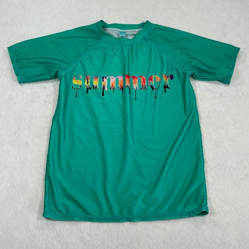 Kids Summer Graphic Rash Guard Swim Shirt Teal Green Short Sleeve Size 13/14
